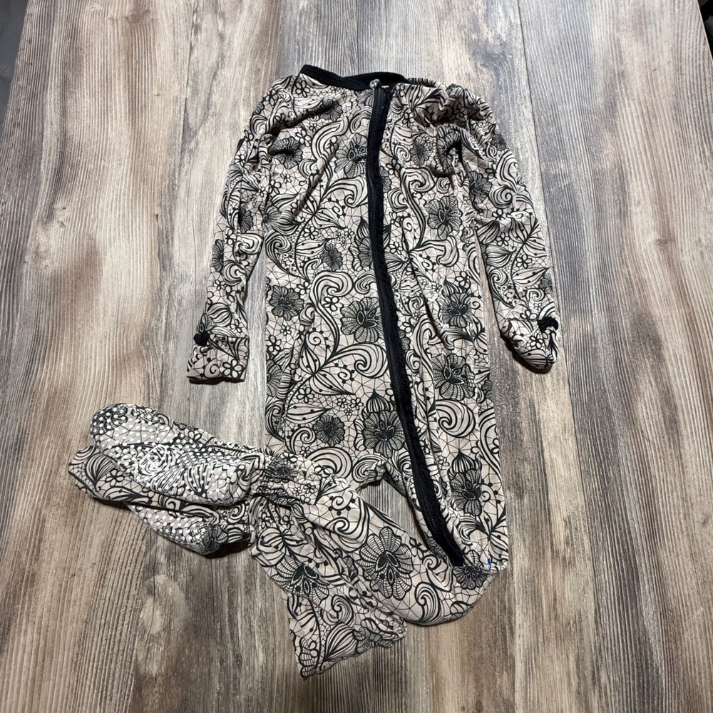 KicKee Pants Kids 4T Bamboo Footie Pajamas Black Lace Floral Print Ruffle